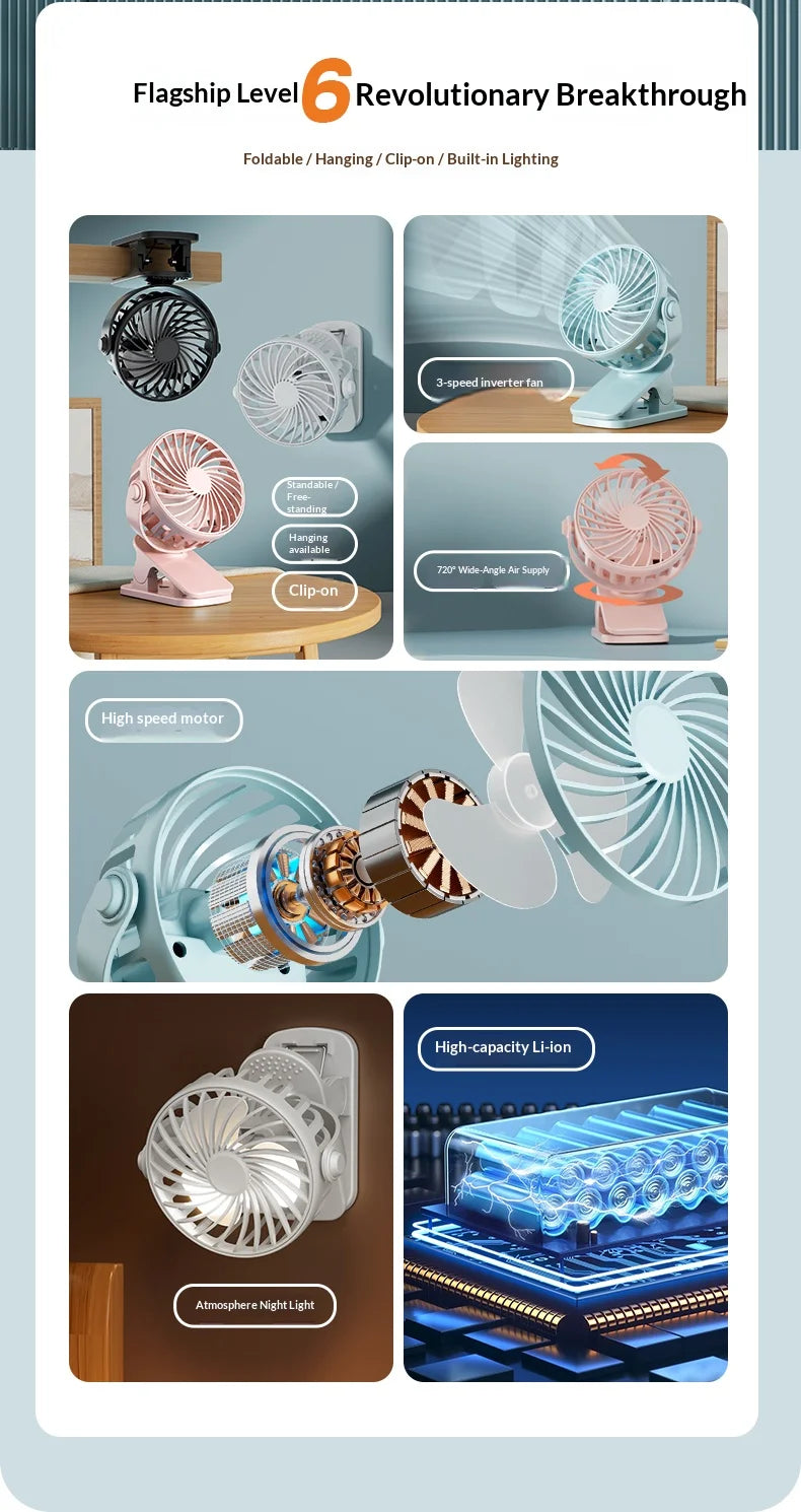 ArcticClip™ 3 em 1 - Ventilador Portátil Recarregável com Clip e Luminária Noturna