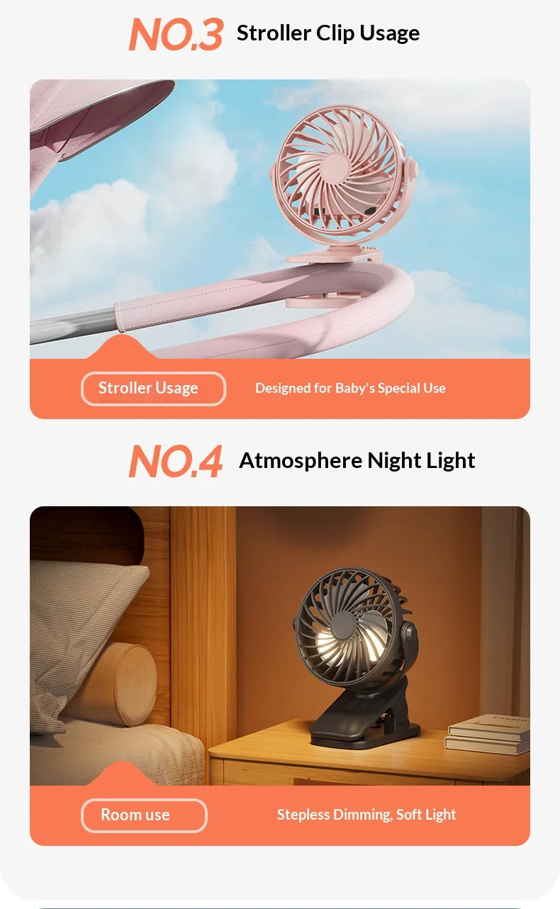 ArcticClip™ 3 em 1 - Ventilador Portátil Recarregável com Clip e Luminária Noturna