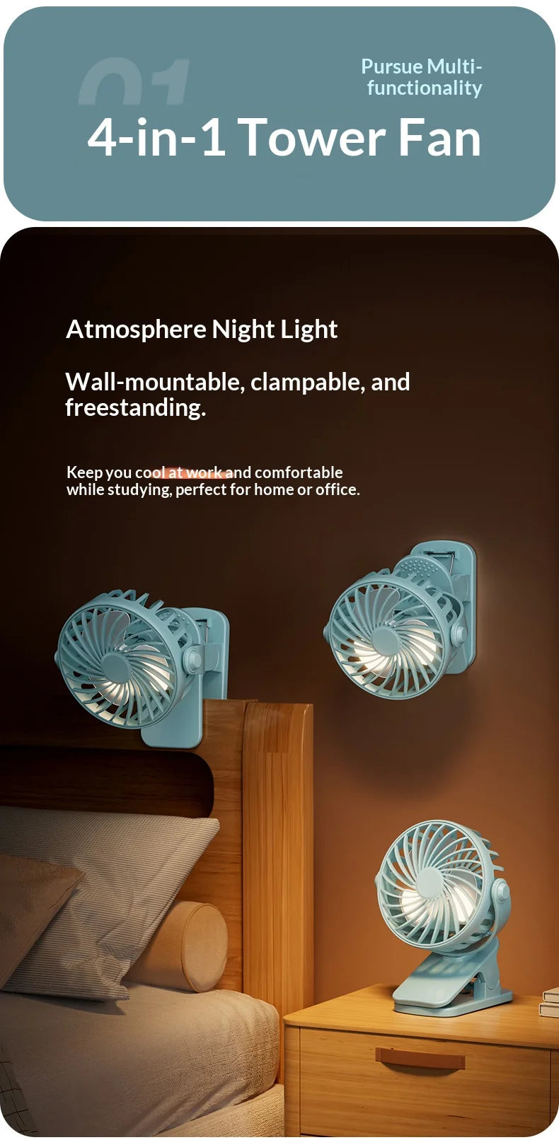 ArcticClip™ 3 em 1 - Ventilador Portátil Recarregável com Clip e Luminária Noturna