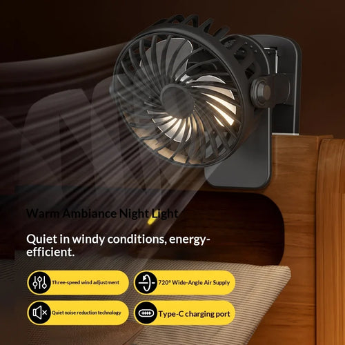 ArcticClip™ 3 em 1 - Ventilador Portátil Recarregável com Clip e Luminária Noturna