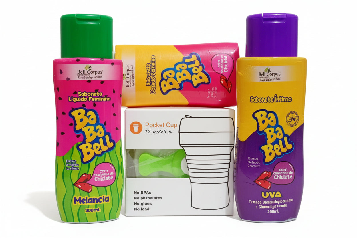 Combo Exclusive Bababell: 3 Sabonetes Íntimos (fragrância sortida) + Brinde Copo Retrátil