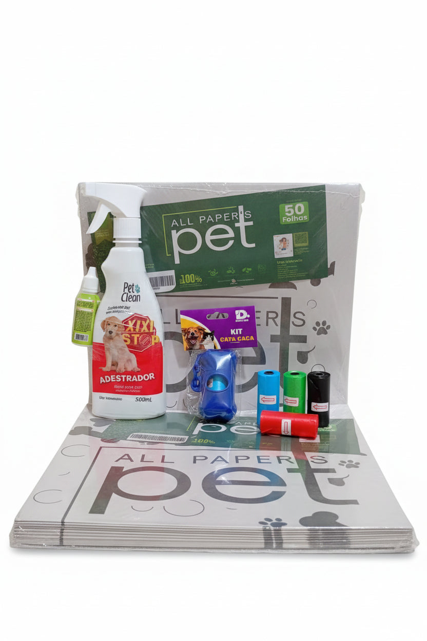 Kit Casa Limpa: 100 Jornais Pet + Educador Sanitário + Cata Caca