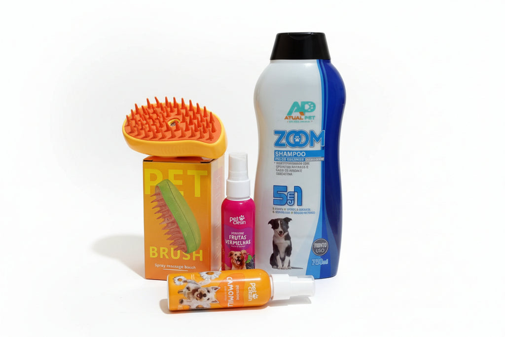 Kit Banho de Spa em Casa: Escova PetBrush a Vapor + Shampoo 5 em 1 + Perfumes Premium