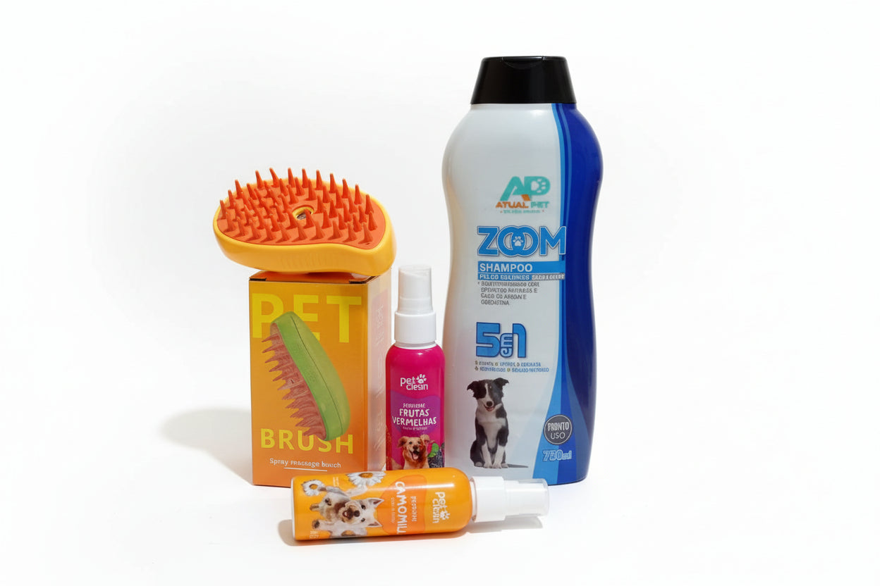 Kit Banho de Spa em Casa: Escova PetBrush a Vapor + Shampoo 5 em 1 + Perfumes Premium