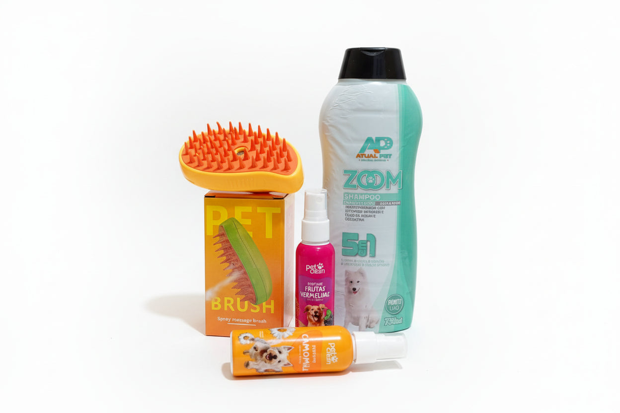 Kit Banho de Spa em Casa: Escova PetBrush a Vapor + Shampoo 5 em 1 + Perfumes Premium