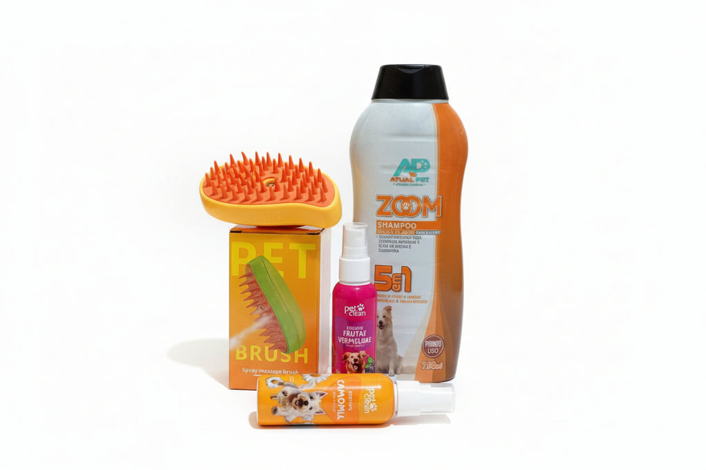 Kit Banho de Spa em Casa: Escova PetBrush a Vapor + Shampoo 5 em 1 + Perfumes Premium