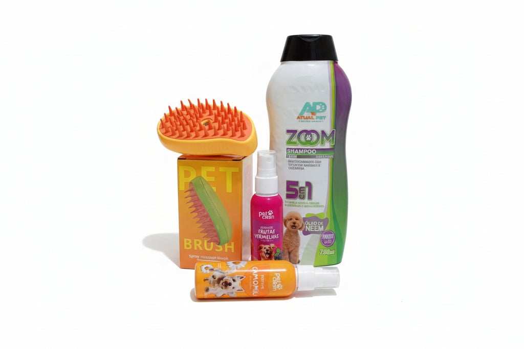 Kit Banho de Spa em Casa: Escova PetBrush a Vapor + Shampoo 5 em 1 + Perfumes Premium