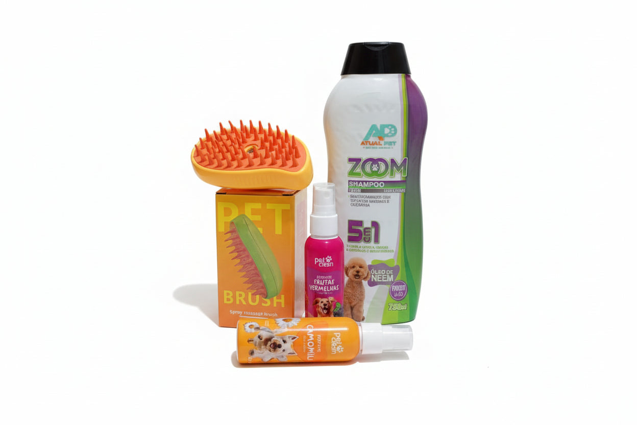 Kit Banho de Spa em Casa: Escova PetBrush a Vapor + Shampoo 5 em 1 + Perfumes Premium